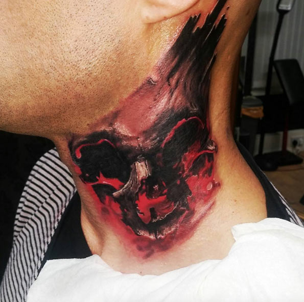 Cover-up skull piece on neck by Jozsef Beres Jr