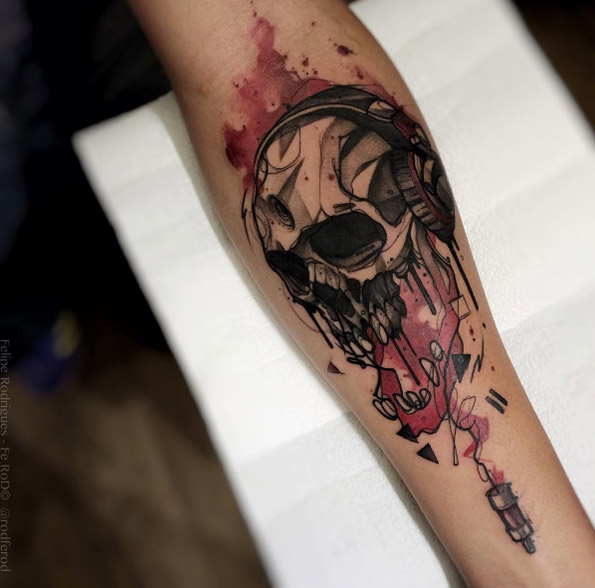 Plugged in skull tattoo by Felipe Rodrigues Fe Rod