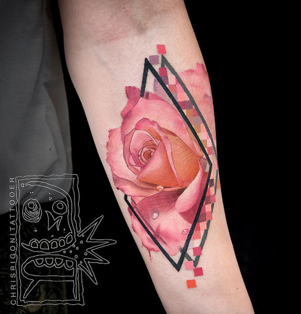 Pink rose tattoo by Chris Rigoni