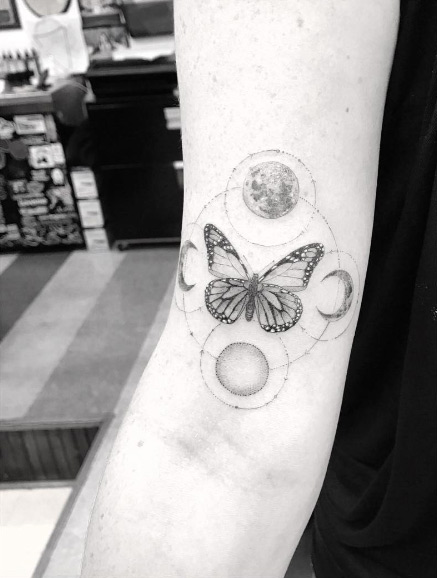 Single needle butterfly tattoo by Doctor Woo