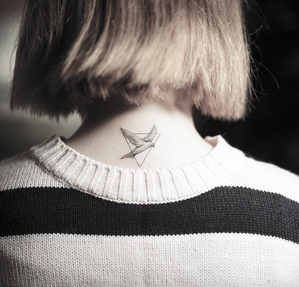 Mini bird tattoo on neck by Nando 