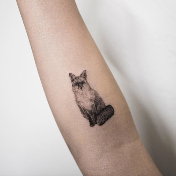 Black and grey ink fox tattoo on forearm by Hongdam