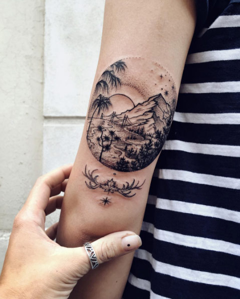 Circular landscape tattoo by Sasha Kiseleva
