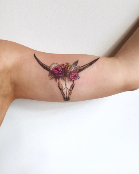 Floral longhorn skull tattoo by Amanda Wachob. Perfect for any Texan!