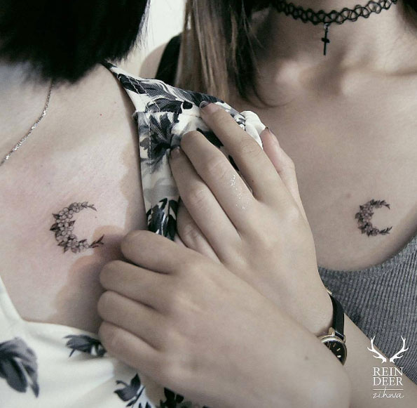 Matching floral moon tattoos by Zihee