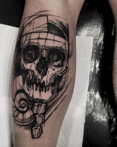 Sketch style skull tattoo by Felipe Rodrigues Fe Rod