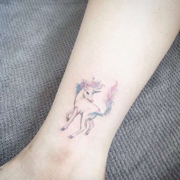 Unicorn tattoo on ankle by Tattooist Flower