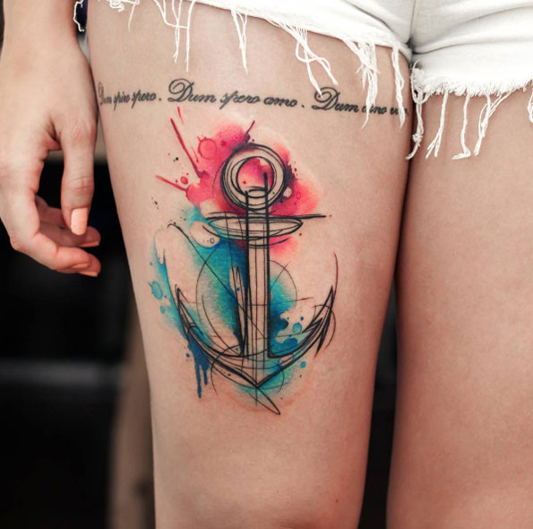Watercolor anchor tattoo on thigh by Uncl Paul Knows