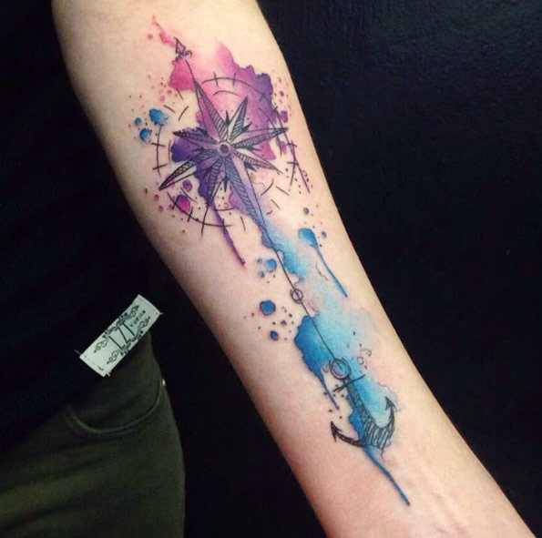 Watercolor compass and anchor tattoo by Stefani Arruda