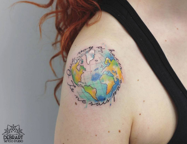 Watercolor globe tattoo by Deborah Genchi