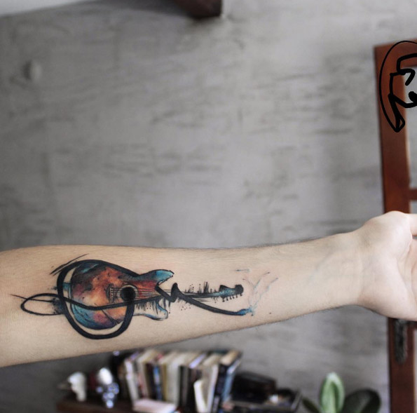 Watercolor guitar tattoo by Tayfun Bezgin