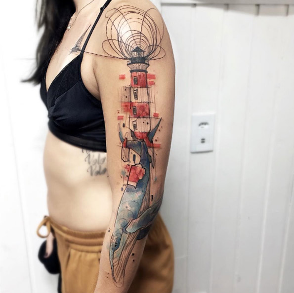 Sketched watercolor lighthouse tattoo by Felipe Mello