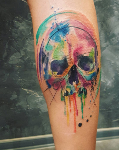 Beautiful watercolor skull tattoo by Simona Blanar