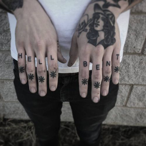 'Hellbent' knuckle tattoos by Bill Dugan