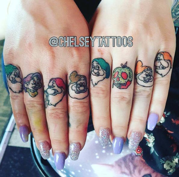 Seven dwarfs knuckle tattoos by Chelsey Hamilton