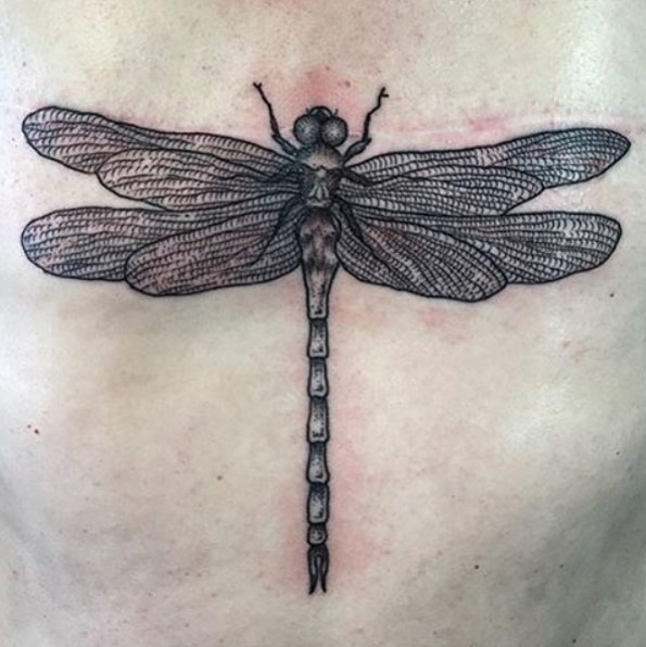 Blackwork dragonfly tattoo by Adam at Wolf and Wren