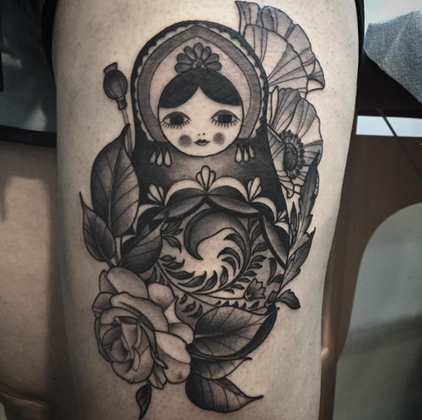 Floral nesting doll tattoo by Ash Timlin