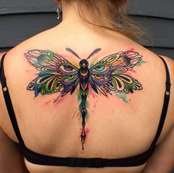 Large dragonfly tattoo on back by Max