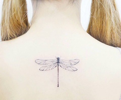 Single needle dragonfly tattoo by Banul