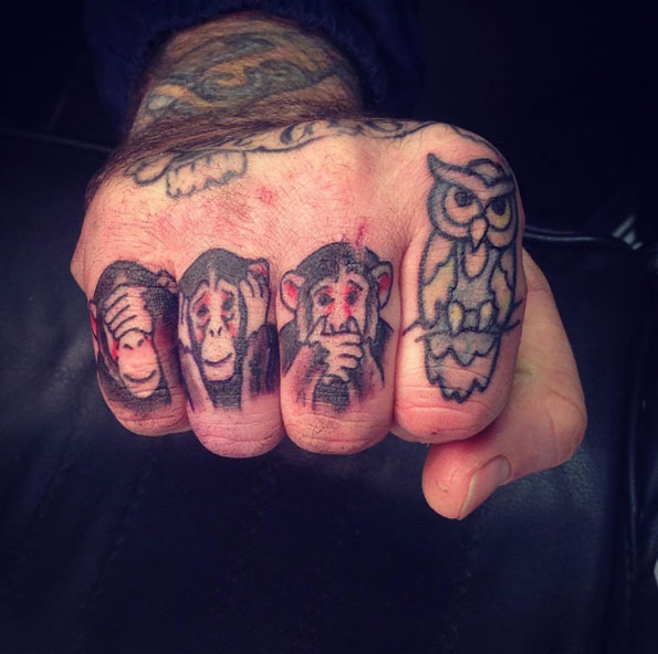 Three Wise Monkey knuckle tattoos by Taryn Lee