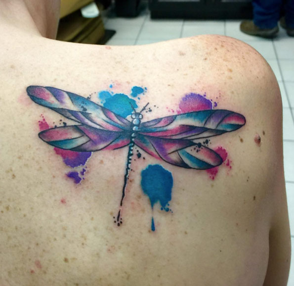Pretty watercolor dragonfly tattoo by Pinks Ink