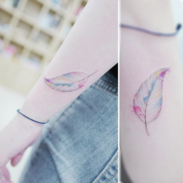 Beautiful watercolor leaf tattoo on wrist by Banul