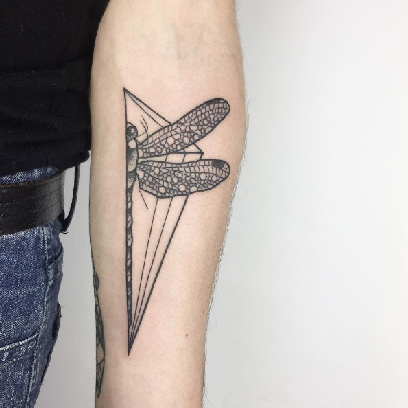 Geometric dragonfly piece on forearm by Ana Godoy