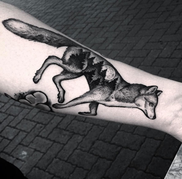 Landscape fox tattoo by Thomas Bates