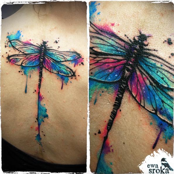 Stunning watercolor dragonfly tattoo on back by Ewa Sroka