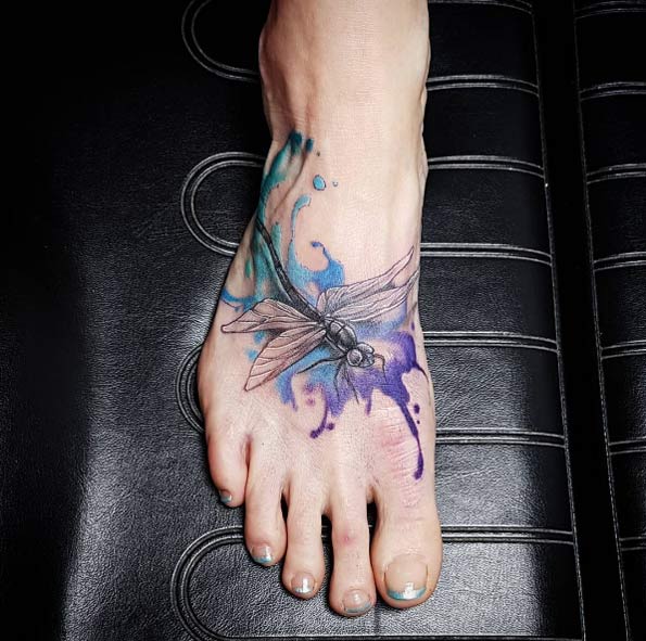 Watercolor dragonfly on foot by Atomic Amy