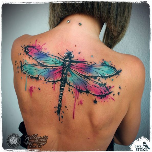 Splashy watercolor dragonfly tattoo by Ewa Sroka