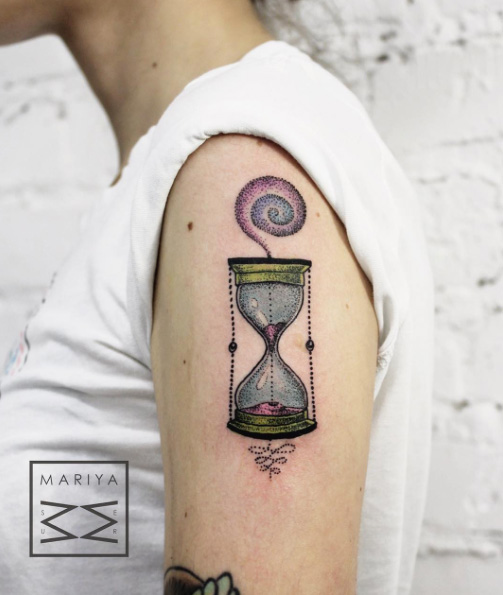 Colorful dotwork hourglass tattoo by Mariya Summer