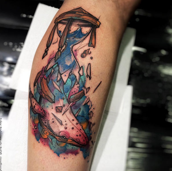Shattered watercolor hourglass tattoo by Felipe Rodrigues Fe Rod