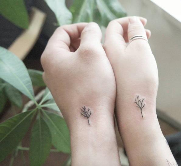 Tiny tree couple tattoos by Chaehwa