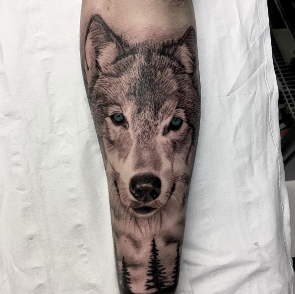 Black and grey ink realistic wolf tattoo by Fervescent