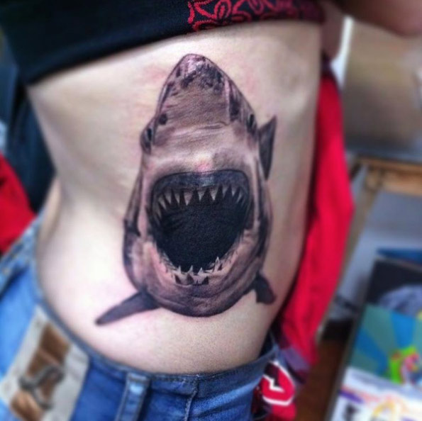 Shark tattoo with gaping mouth by Jeisson Odink