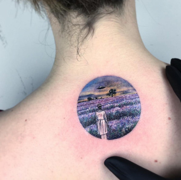 Circular landscape tattoo by Eva Krbdk