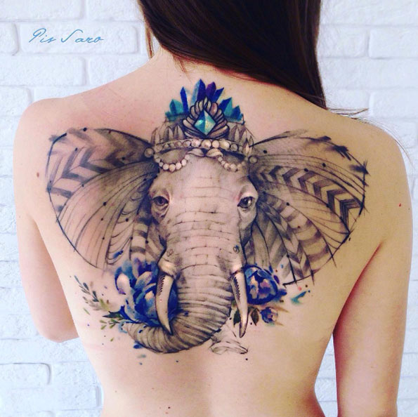 Watercolor elephant tattoo by Pis Saro