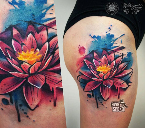 Vibrant lotus flower on thigh by Ewa Sroka