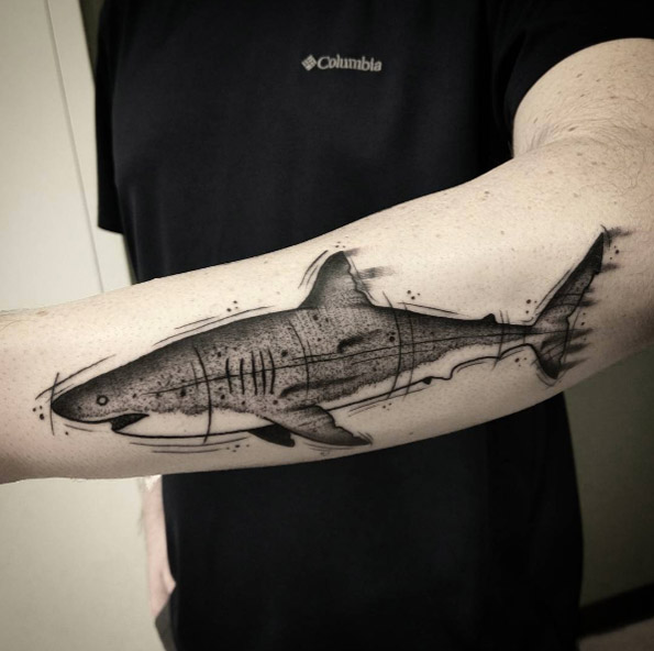Sketched out shark tattoo by Shane Olds