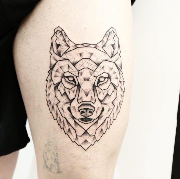 Geometric wolf tattoo with subtle dotwork accents by Marco Spok