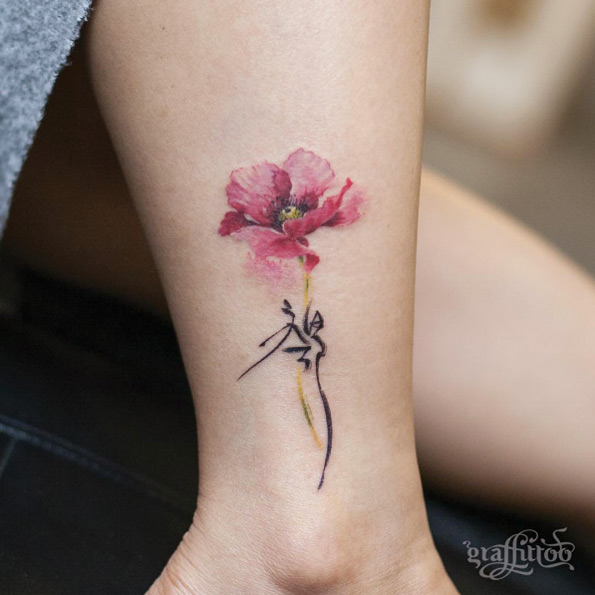 Watercolor poppy with calligraphy by Tattooist River