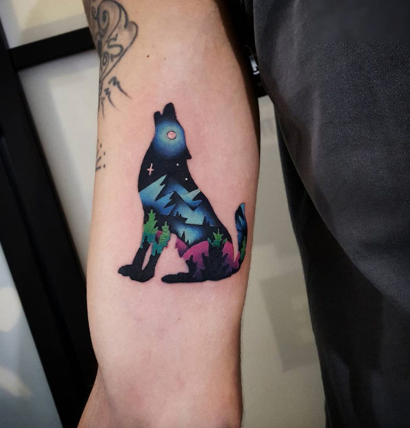 Surreal landscape wolf tattoo by Marco Spok