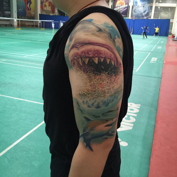 Close up shark tattoo by Mr. V