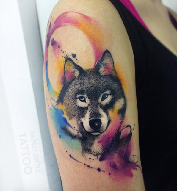 Wolf with abstract watercolor accents by Pablo Ortiz