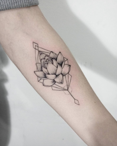 Geometric lotus flower tattoo by Dasha Sumkina
