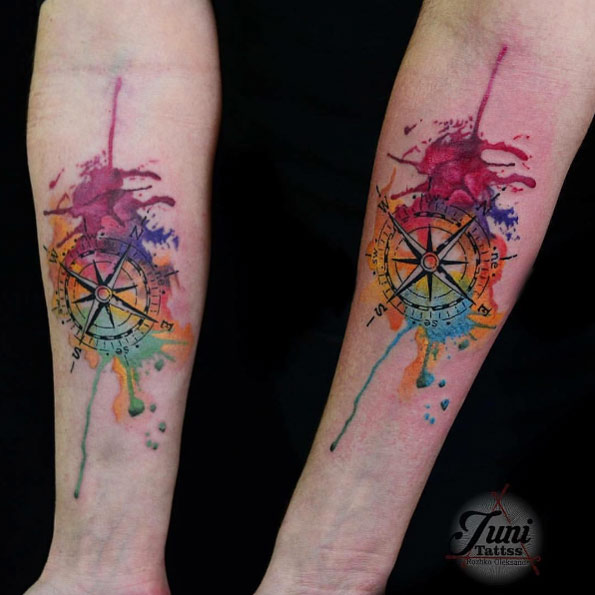 Matching watercolor compass tattoos by Redberry