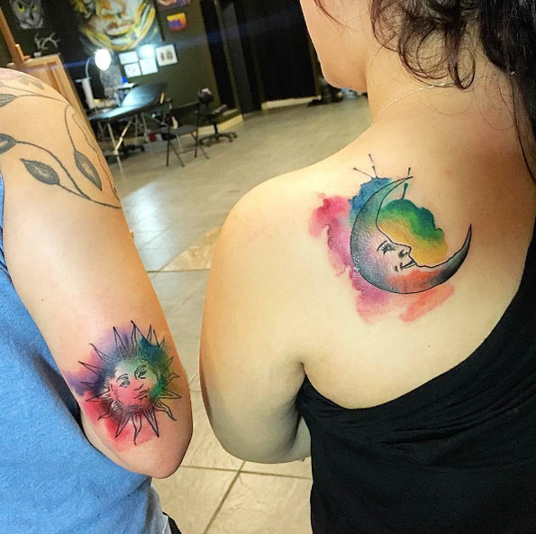 Matching sun and moon tattoos by Thanh Ho
