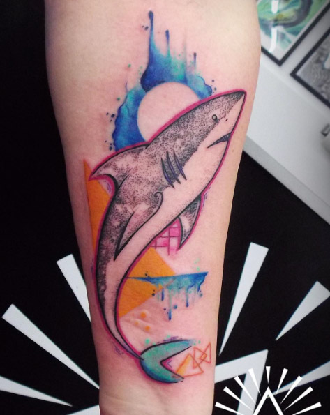 Colorful abstract shark tattoo by Cynthia Sobraty