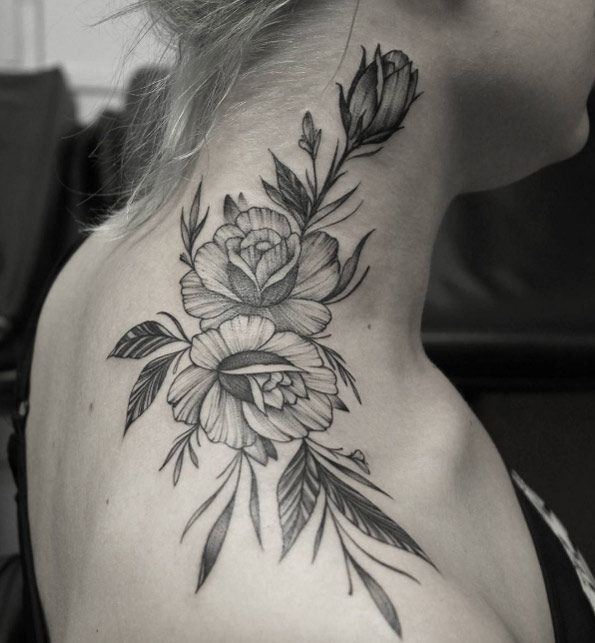 Linework roses on neck by Marquinho Andre